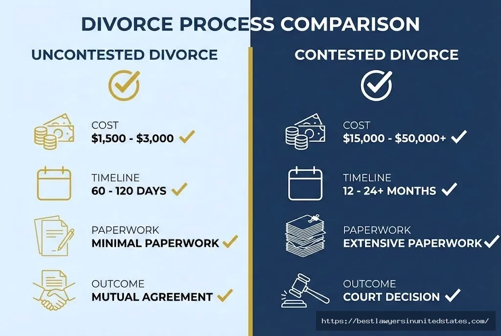 Side-by-side comparison infographic showing uncontested divorce costs $1,500-$3,000 versus contested divorce costs $15,000-$50,000 plus in West Virginia