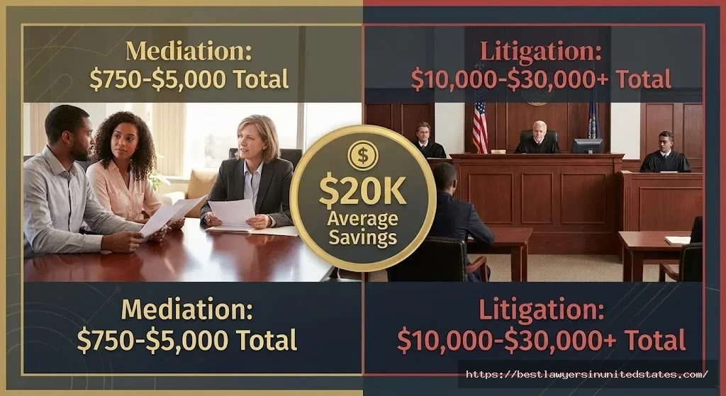 Side-by-side comparison showing Wyoming divorce mediation costs $750-$5,000 versus litigation at $10,000-$30,000 with potential $20,000 savings