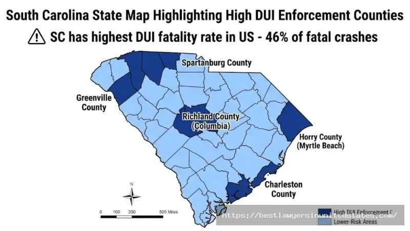 South Carolina DUI high enforcement counties map Charleston Greenville Columbia highest fatality rate 46 percent fatal crashes