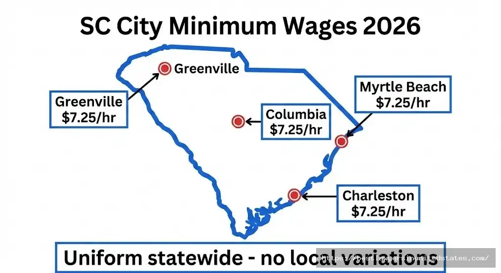 South Carolina city minimum wage map showing uniform $7.25 rate in Charleston, Columbia, Myrtle Beach, Greenville