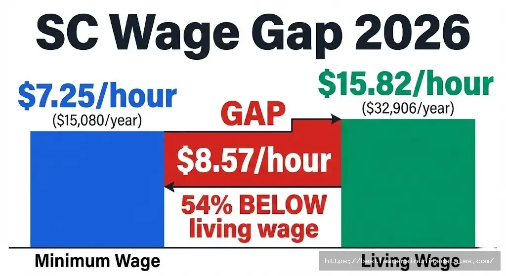 South Carolina living wage gap showing $7.25 minimum wage versus $15.82 living wage requirement