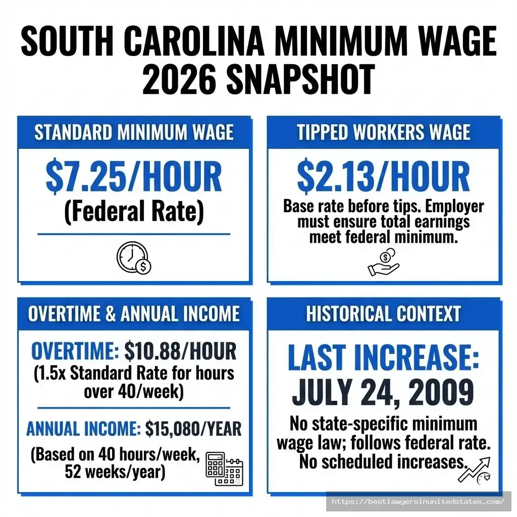 South Carolina minimum wage 2026 rates showing $7.25 hourly wage and tipped employee earnings