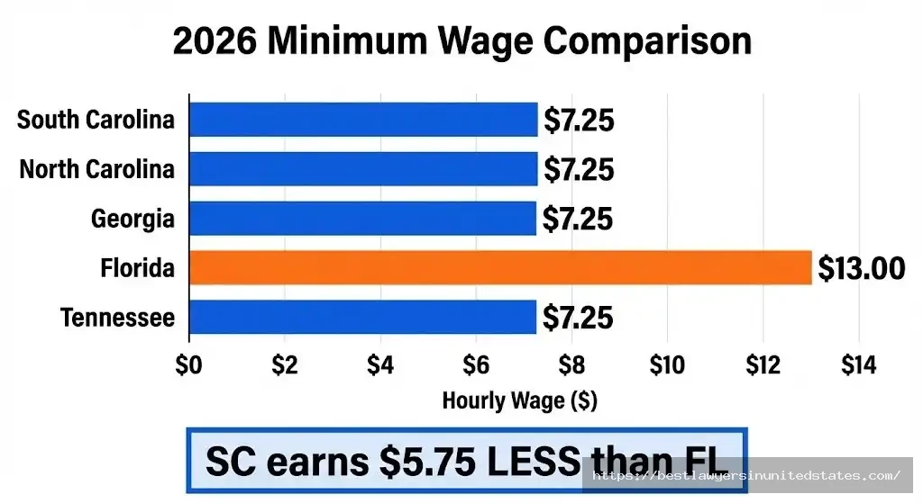 South Carolina minimum wage comparison with neighboring states showing Florida at $13 versus SC at $7.25
