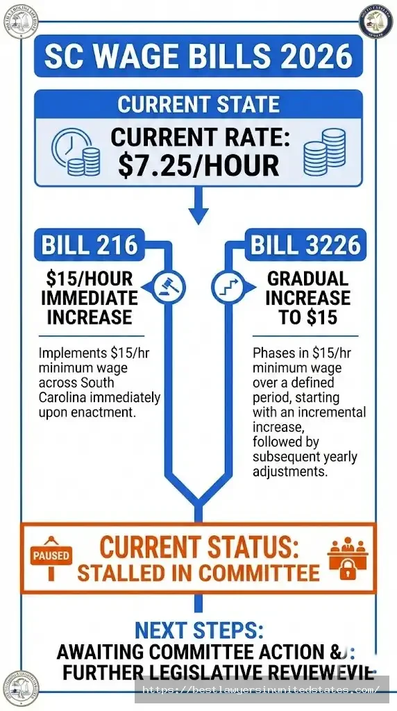 South Carolina minimum wage legislation Bills 216 and 3226 status showing stalled committee review