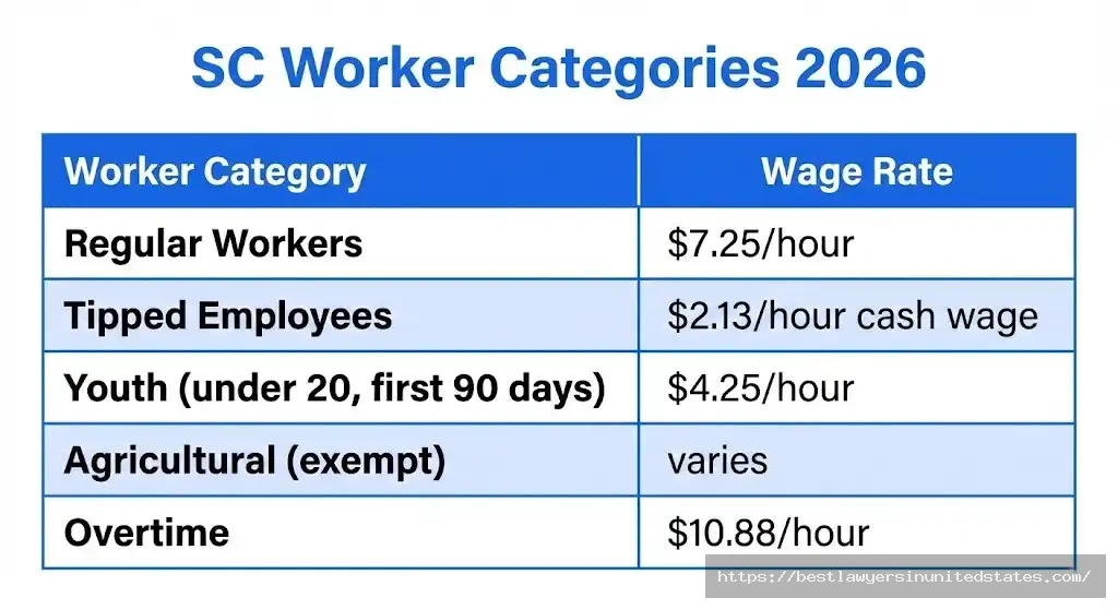 South Carolina minimum wage rates by worker category including tipped, youth, and agricultural workers
