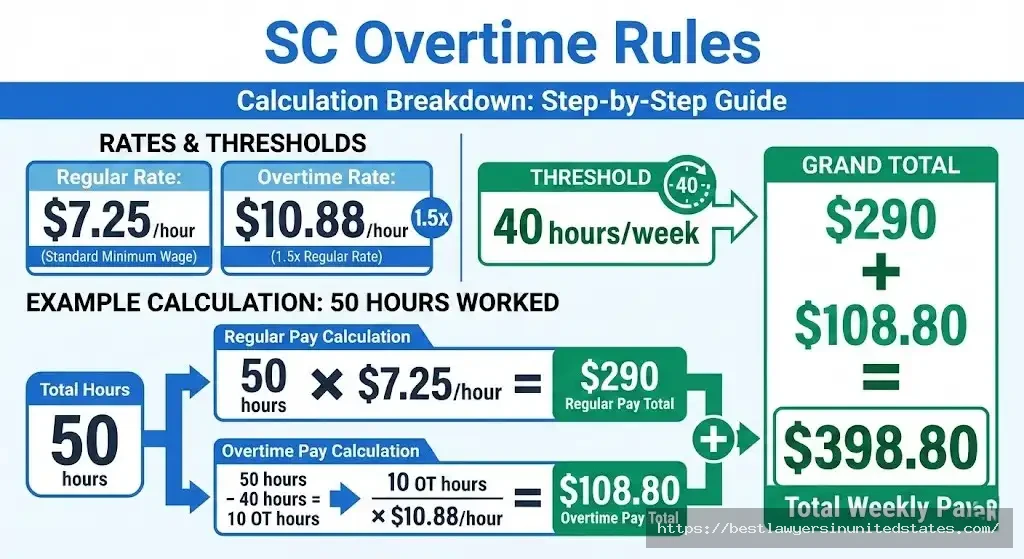 South Carolina overtime pay calculation showing $10.88 rate for hours over 40 per week