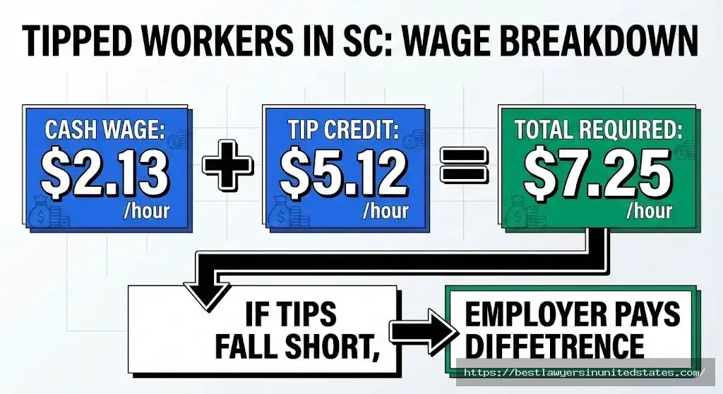 South Carolina tipped minimum wage calculation showing $2.13 cash wage plus tip credit