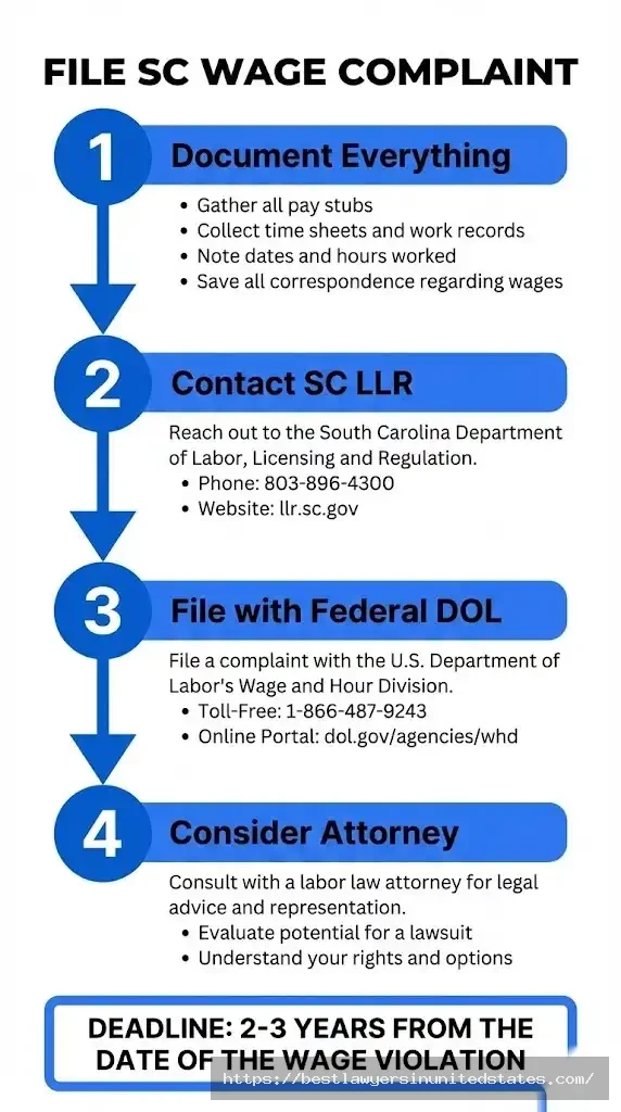 South Carolina wage complaint filing process showing four steps to report violations