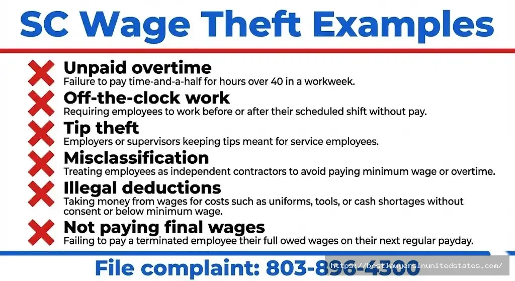 South Carolina wage theft violation types and complaint filing information for workers