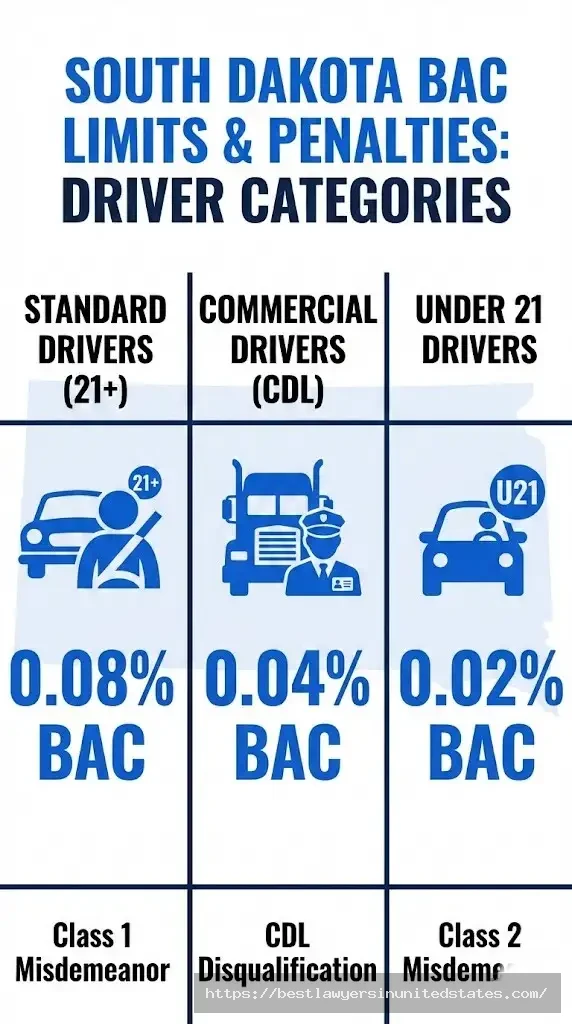 South Dakota DUI BAC limits chart showing 0.08% standard, 0.04% CDL, 0.02% under 21