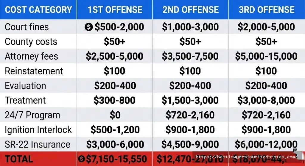 South Dakota DUI cost breakdown $7K-$15K first offense to $18K-$44K third offense total (2)