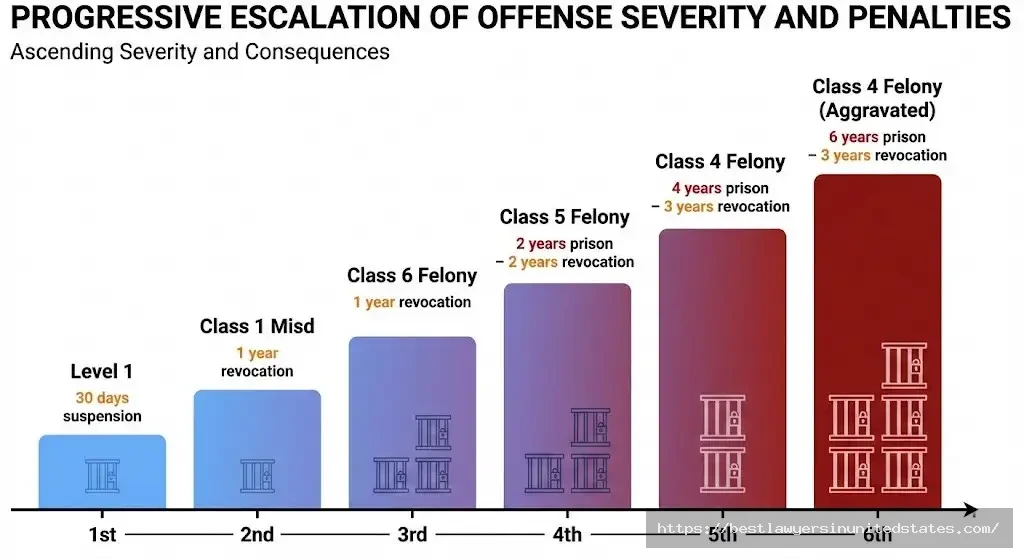 South Dakota DUI escalation chart 1st offense 30 days to 6th offense 6 years prison