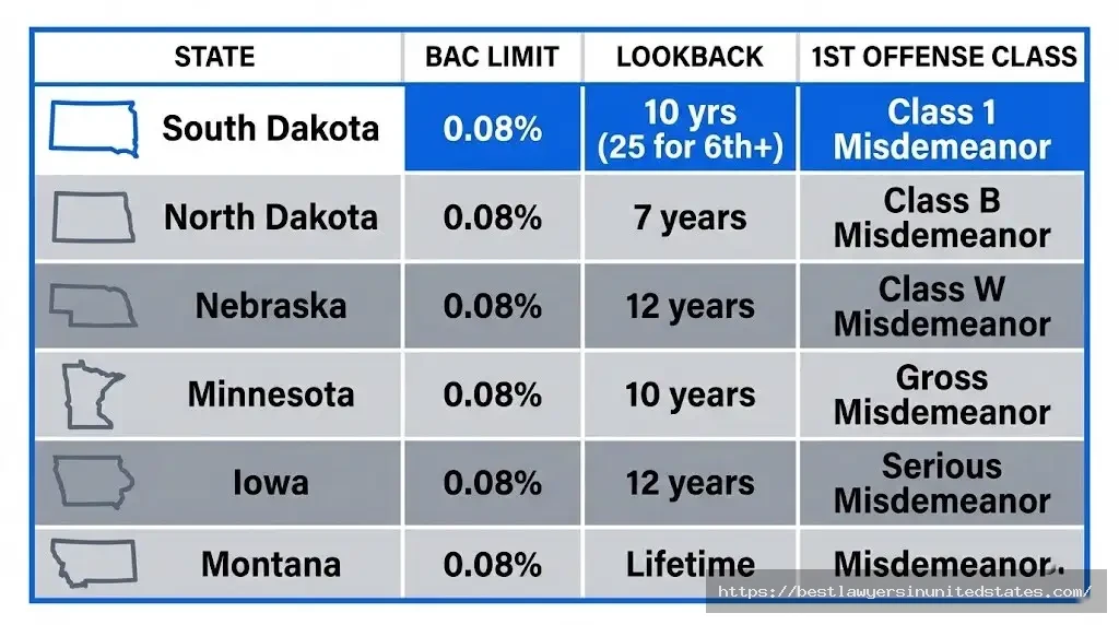South Dakota DUI laws vs neighbors 10-year lookback vs 7-lifetime in nearby states (2)