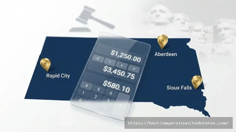 South Dakota divorce cost calculator map showing filing locations and average expenses across major cities