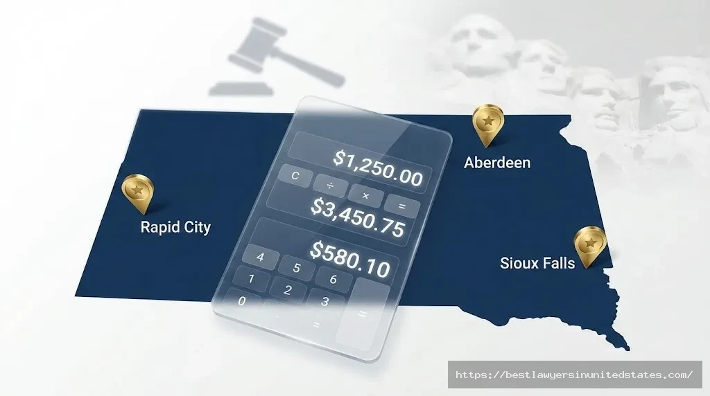 South Dakota divorce cost calculator map showing filing locations and average expenses across major cities
