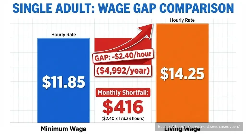 South Dakota living wage vs minimum wage gap - $2.40 per hour shortfall for single adults
