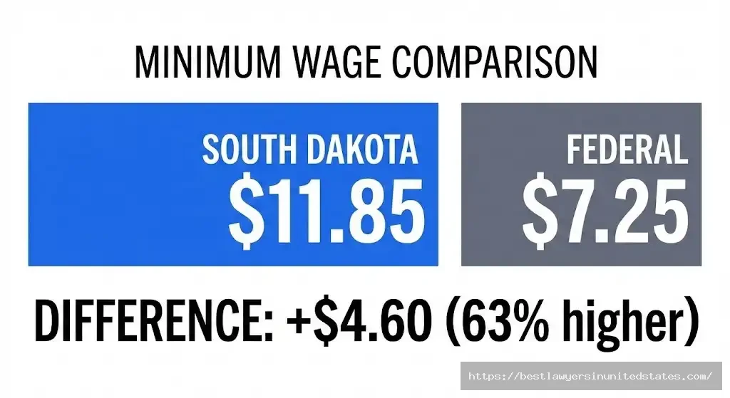 South Dakota minimum wage $11.85 vs federal $7.25 - $4.60 difference comparison char
