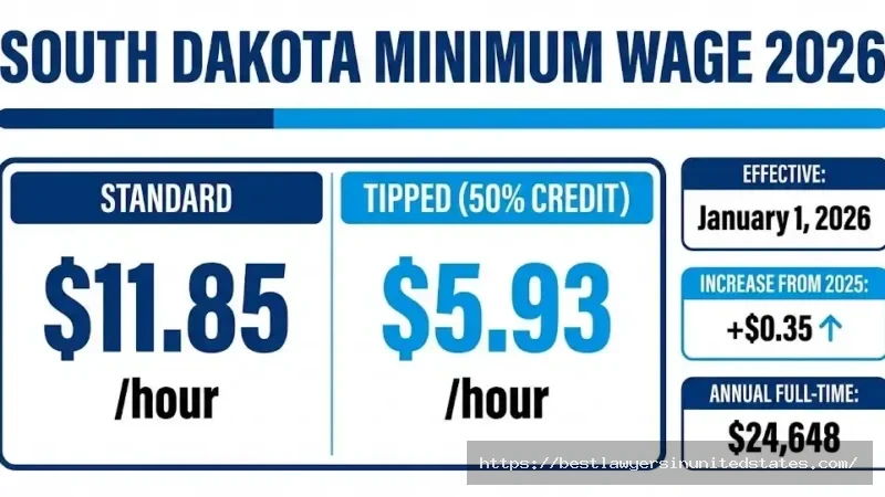 South Dakota minimum wage 2026 rates - $11.85 standard, $5.93 tipped, effective January 1
