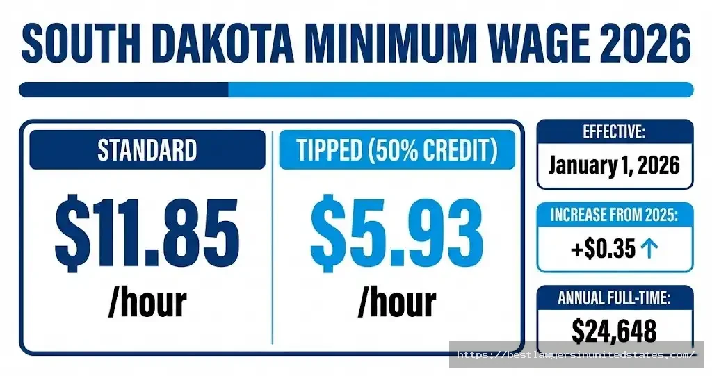 South Dakota minimum wage 2026 rates - $11.85 standard, $5.93 tipped, effective January 1