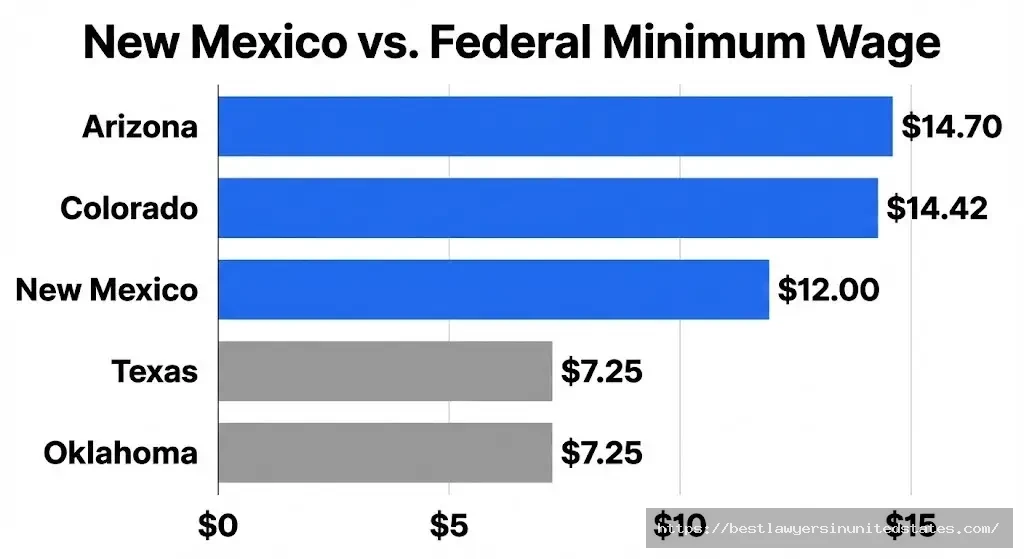 Southwestern states minimum wage comparison showing New Mexico at $12 between higher Colorado Arizona and lower Texas