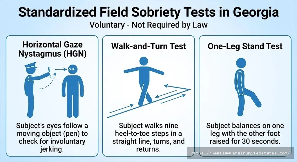 Standardized field sobriety tests illustration showing HGN, walk-and-turn, and one-leg stand tests used in Georgia