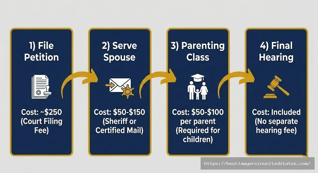 Step-by-step diagram of New Hampshire divorce filing process showing $250 petition fee and additional costs