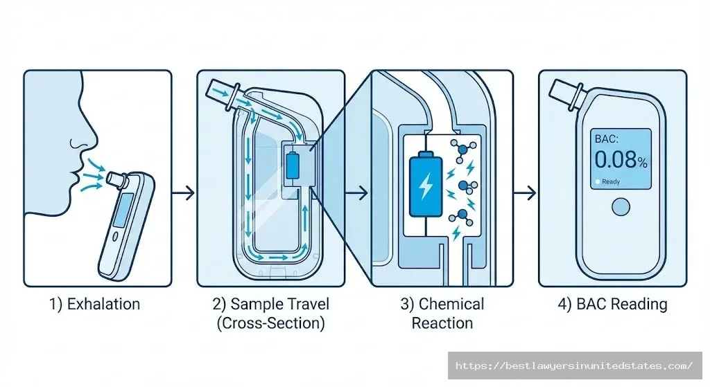 Step-by-step diagram of how a breathalyzer test measures blood alcohol content from breath sample