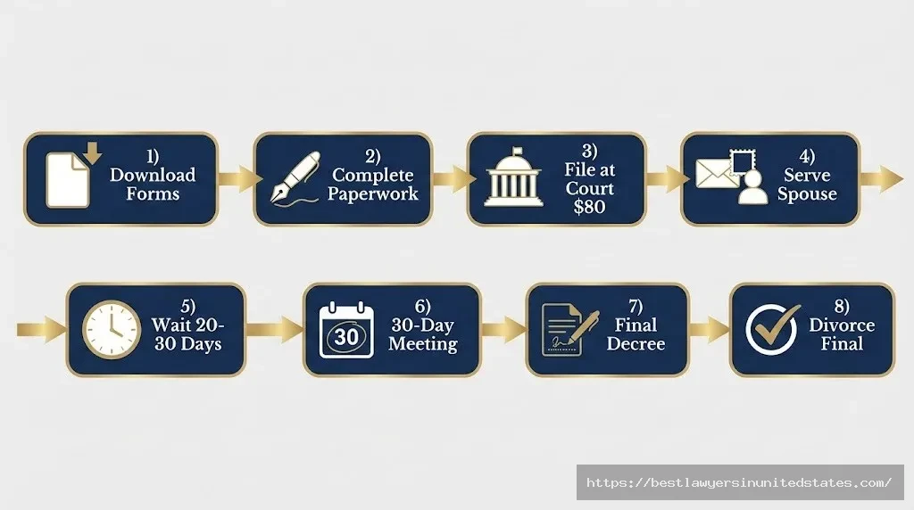 Step-by-step flowchart showing 8 stages of DIY divorce process in North Dakota from filing to finalization