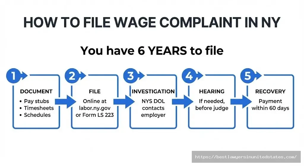 Step-by-step flowchart showing how to file wage complaint with New York Department of Labor