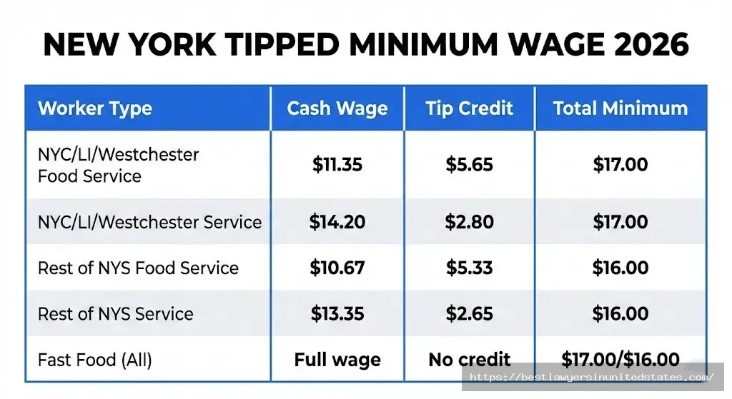 Table showing New York tipped minimum wage rates for 2026 by region and worker type