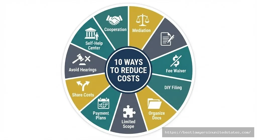 Ten strategies to reduce divorce costs in New Mexico including mediation, DIY filing, fee waivers, and cost-sharing options
