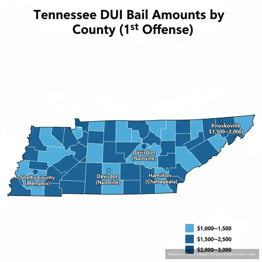 Tennessee DUI bail amounts by county map Davidson $1,500-$2,500, Shelby $1,000-$2,000, Knox $1,500-$3,000