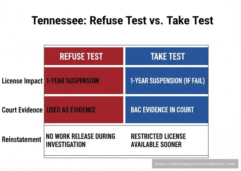 Tennessee DUI breathalyzer refusal vs taking test comparison both result in 1-year license suspension penalties