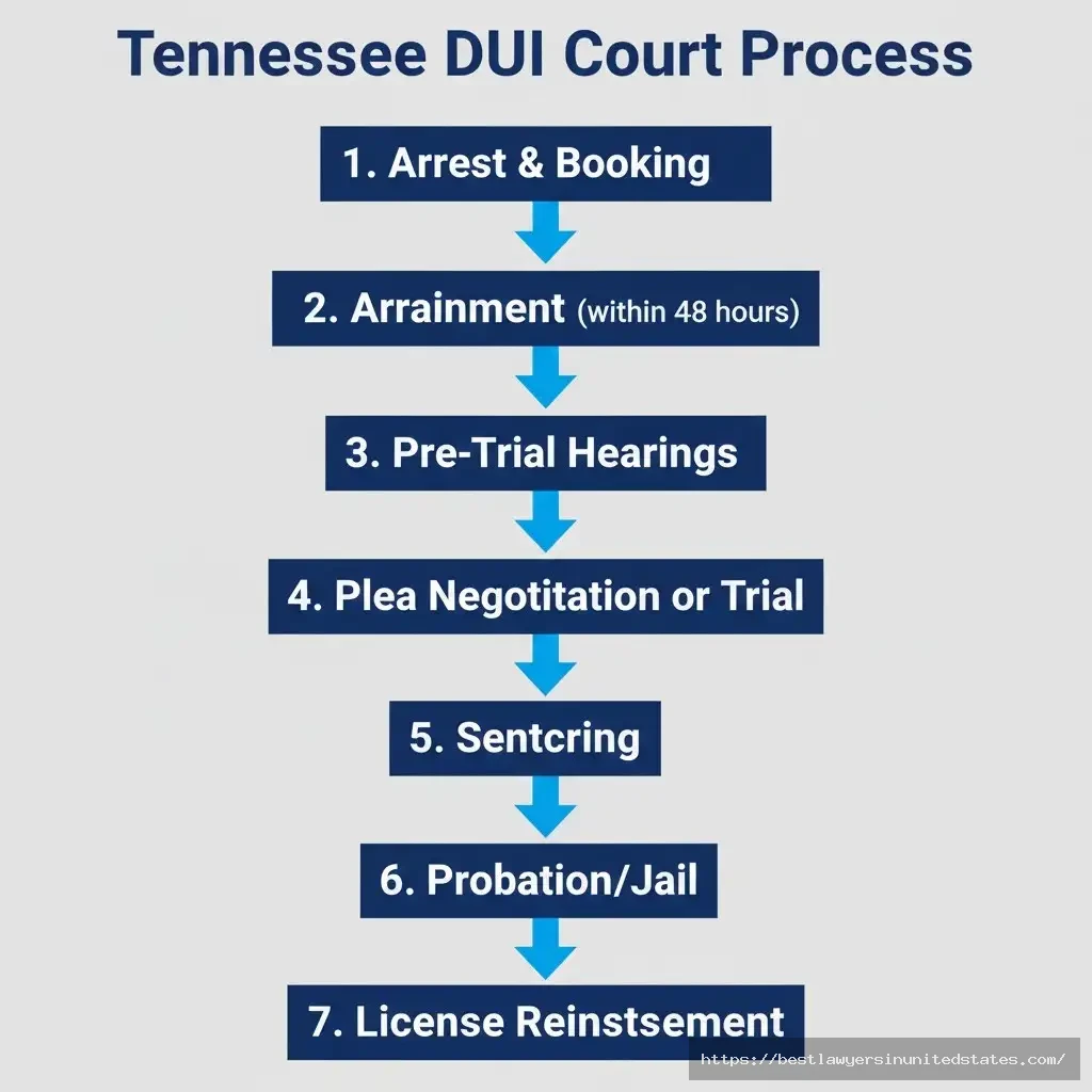 Tennessee DUI court process flowchart from arrest to sentencing arraignment, pre-trial, plea negotiation, trial steps