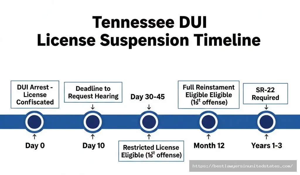 Tennessee DUI license suspension timeline from arrest through reinstatement 10-day hearing deadline, 1-year suspension