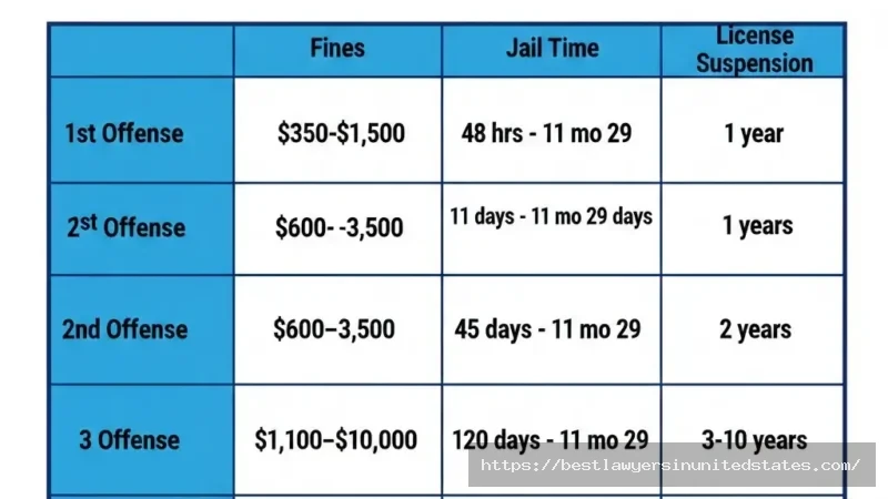 Tennessee DUI penalties table showing fines, jail time, and license suspension for 1st through 4th offense in 2026