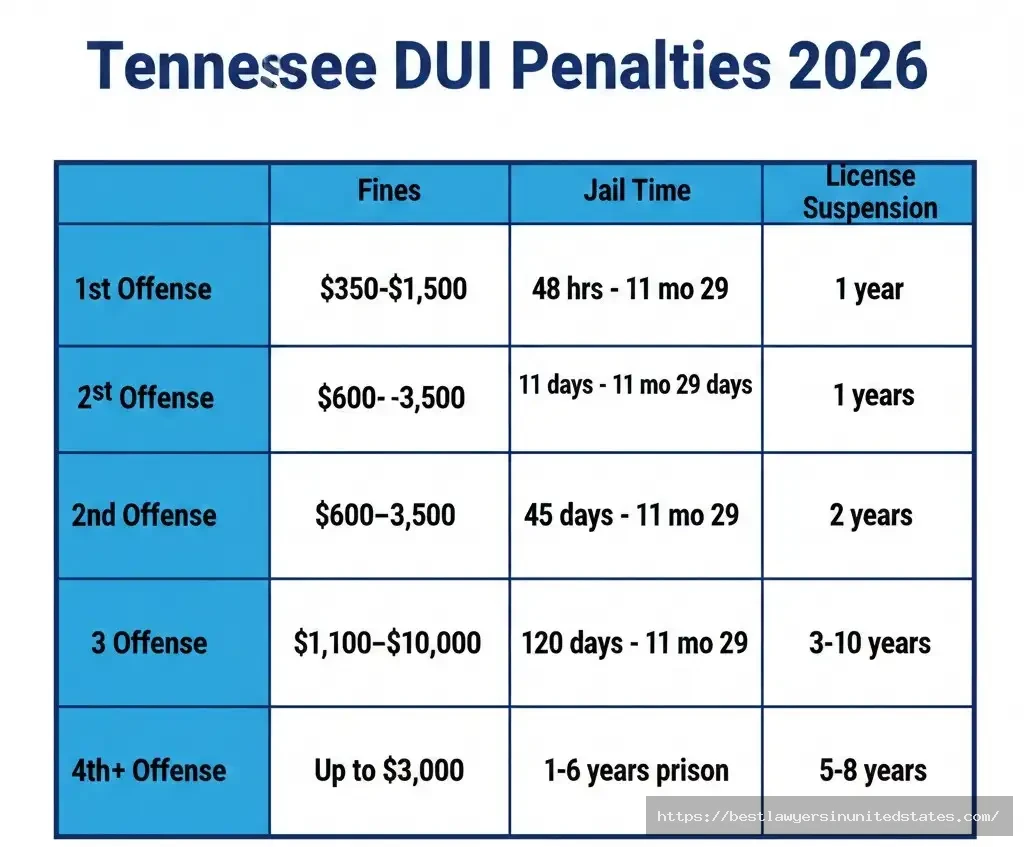 Tennessee DUI penalties table showing fines, jail time, and license suspension for 1st through 4th offense in 2026