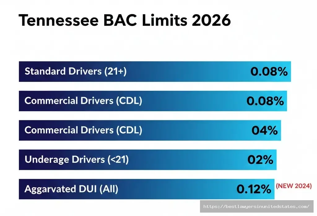 Tennessee blood alcohol concentration limits chart .08% standard, .04% CDL, .02% underage, .12% aggravated DUI