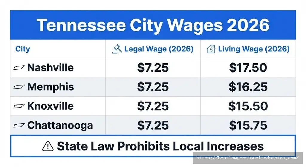 Tennessee city minimum wages all $7.25 compared to living wages Nashville $17.50 Memphis $16.25