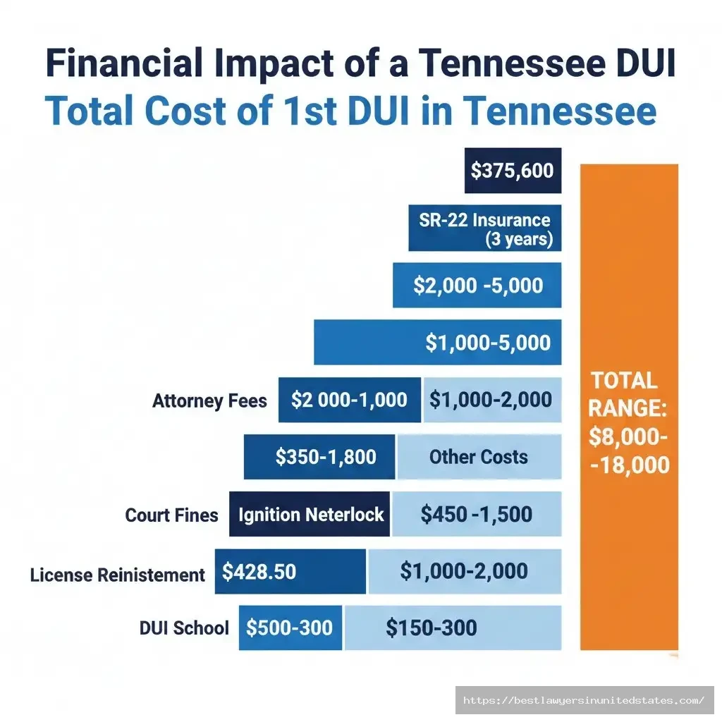 Tennessee first offense DUI total costs breakdown $8,000-$18,000 including fines, attorney fees, ignition interlock, insurance