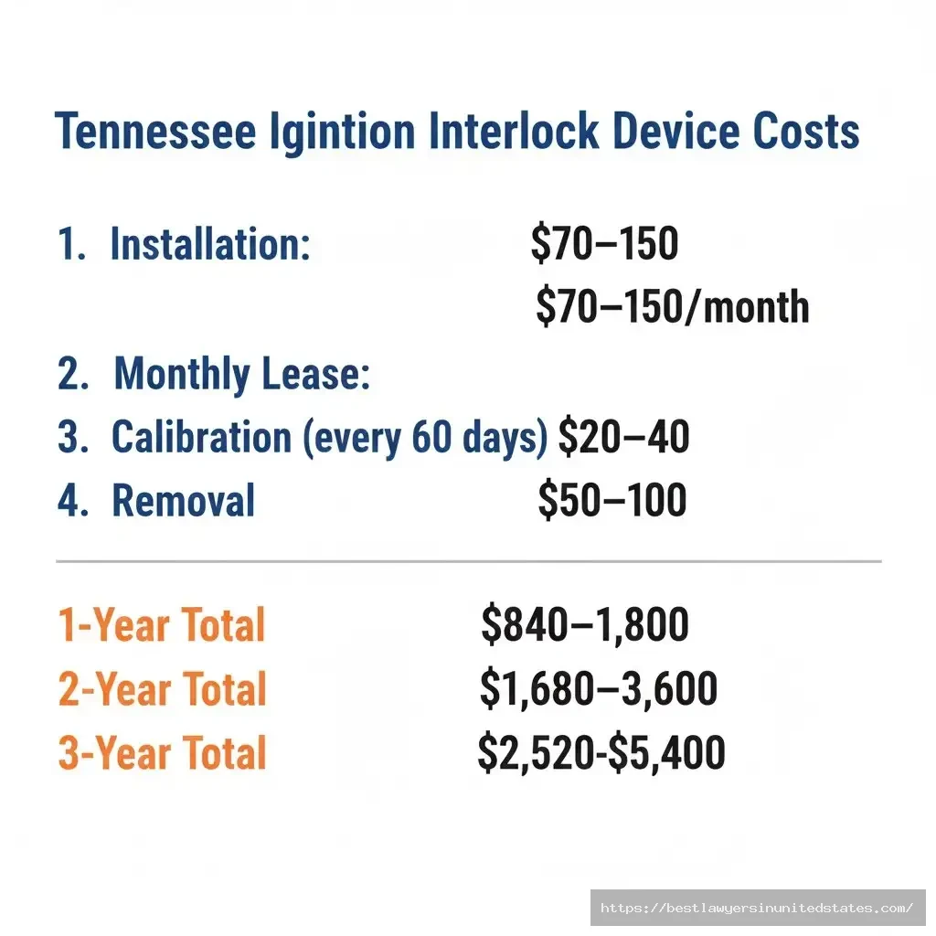 Tennessee ignition interlock device costs $70-$150 monthly, $840-$1,800 annually, required for DUI license reinstatement
