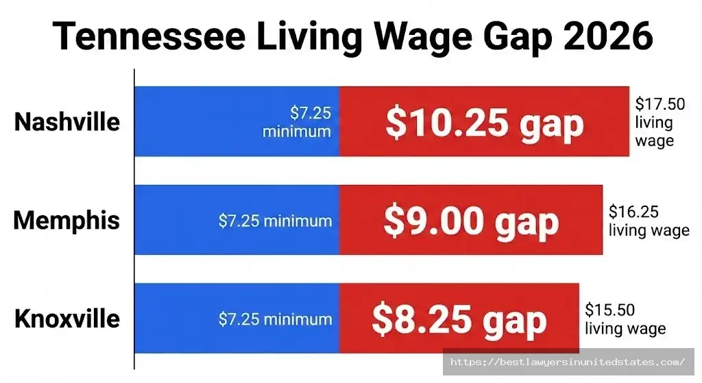 Tennessee living wage gap showing minimum wage $7.25 vs Nashville $17.50 Memphis $16.25 Knoxville $15.50