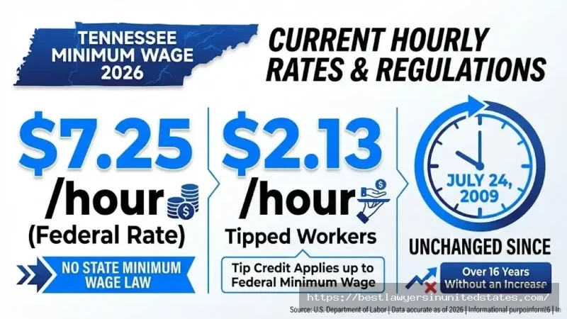 Tennessee minimum wage 2026 rates showing $7.25 hourly wage and $2.13 tipped minimum wage federal rates