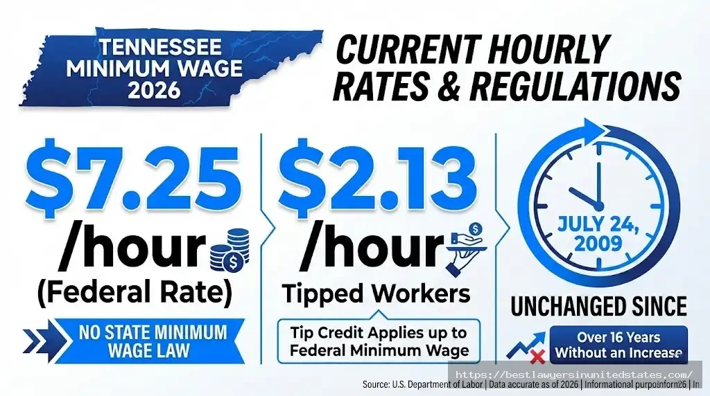 Tennessee minimum wage 2026 rates showing $7.25 hourly wage and $2.13 tipped minimum wage federal rates