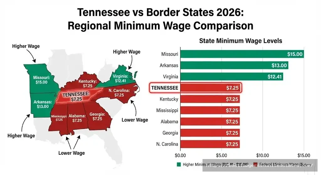 Tennessee minimum wage $7.25 compared to neighboring states Missouri $15 Arkansas $13 Virginia $12.41