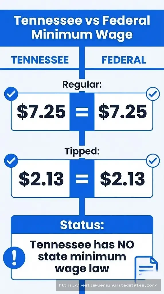 Tennessee minimum wage compared to federal rates showing both at $7.25 per hour in 2026