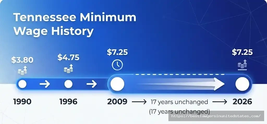 Tennessee minimum wage history timeline from 1990 to 2026 showing $7.25 rate unchanged since 2009