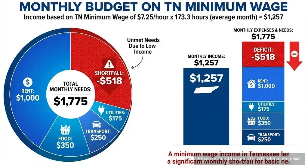 Tennessee minimum wage monthly budget showing $1257 income cannot cover $1775 basic expenses