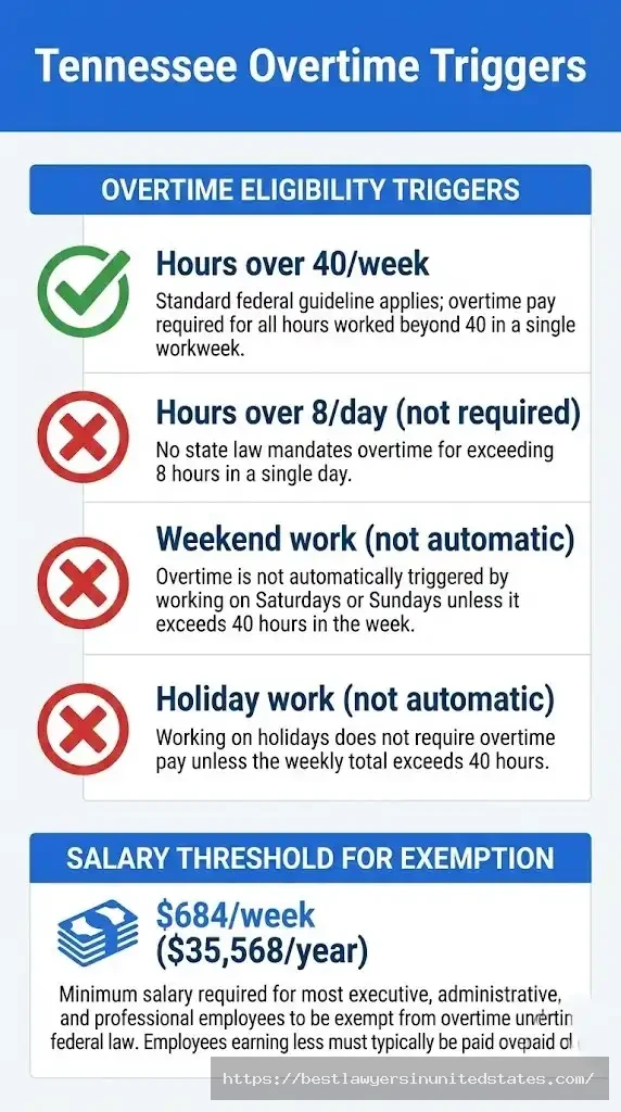 Tennessee overtime exemptions showing 40 hour weekly threshold not daily with salary minimum $684 week