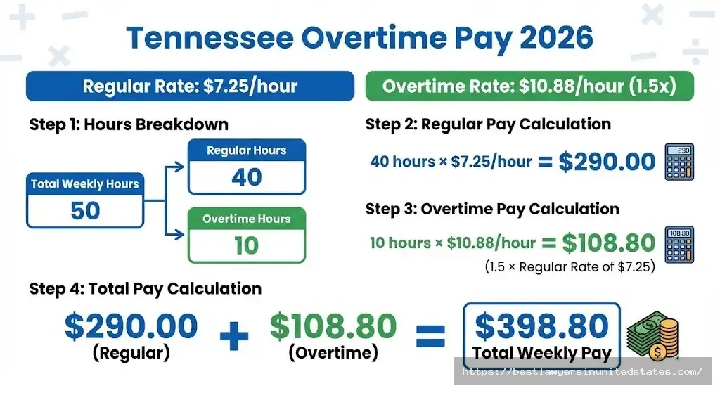 Tennessee overtime pay calculation showing $10.88 overtime rate for hours over 40 per week